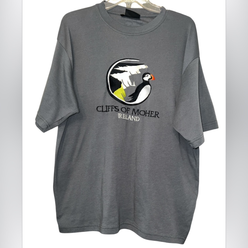 Dolmen Clothing Cliffs of Moher Ireland Embroidered Gray Short Sleeve T-Shirt